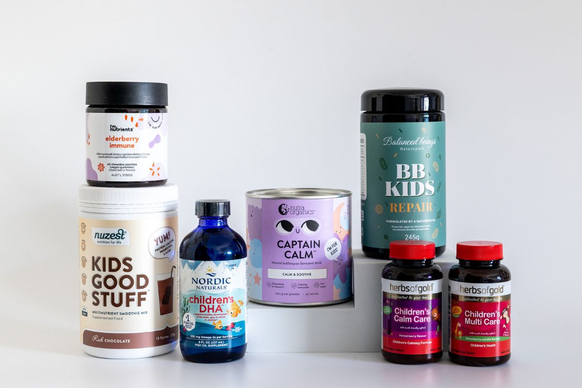 Naturopath-approved children's supplements including Nutra Organics Captain Calm, Balanced Beings BB Kids Repair, Nordic Naturals Children's DHA, Nuzest Kids Good Stuff, I'm Nutrients Elderberry Immune and Herbs of Gold Children's range, available at Nourishing Apothecary