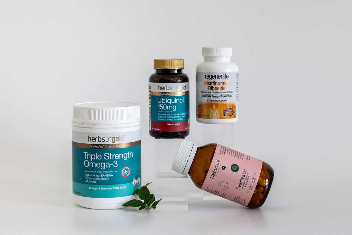 Naturopath-approved egg quality supplements including Herbs of Gold Ubiquinol, Triple Strength Omega-3, Naternal EverNatal and Regenerlife Nicotinamide Riboside, available at Nourishing Apothecary