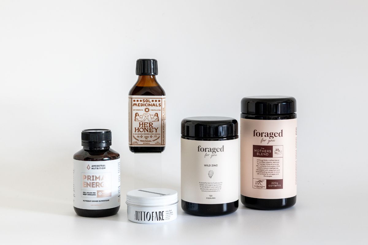 Naturopath-approved fertility supplements for trying to conceive including Foraged for You Mothers Blend, Sol Medicinals Her Honey and Foraged Wild Zinc, available at Nourishing Apothecary