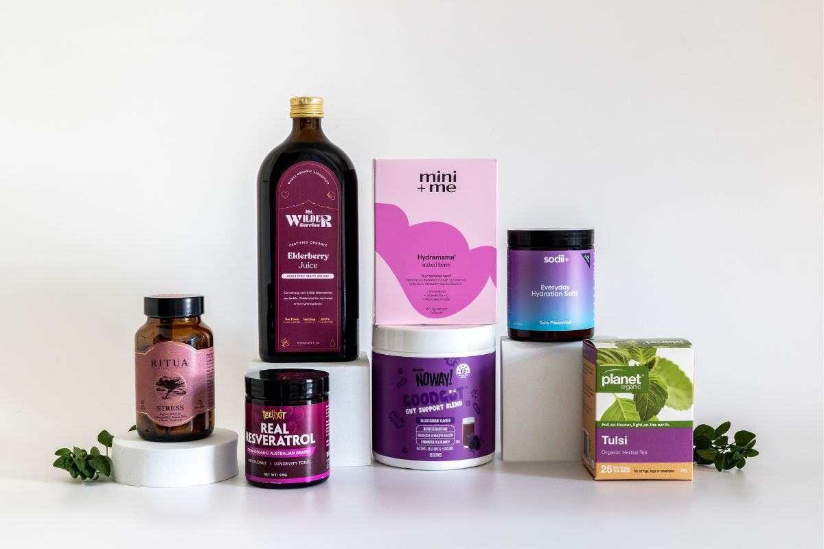 Naturopath-approved gut health, hydration and immunity supplements including Noway GoodGut, Mini+Me Hydramama, Mt Wilder Berries Elderberry Juice, Sodii Everyday Hydration Salts and Ritua Stress, available at Nourishing Apothecary