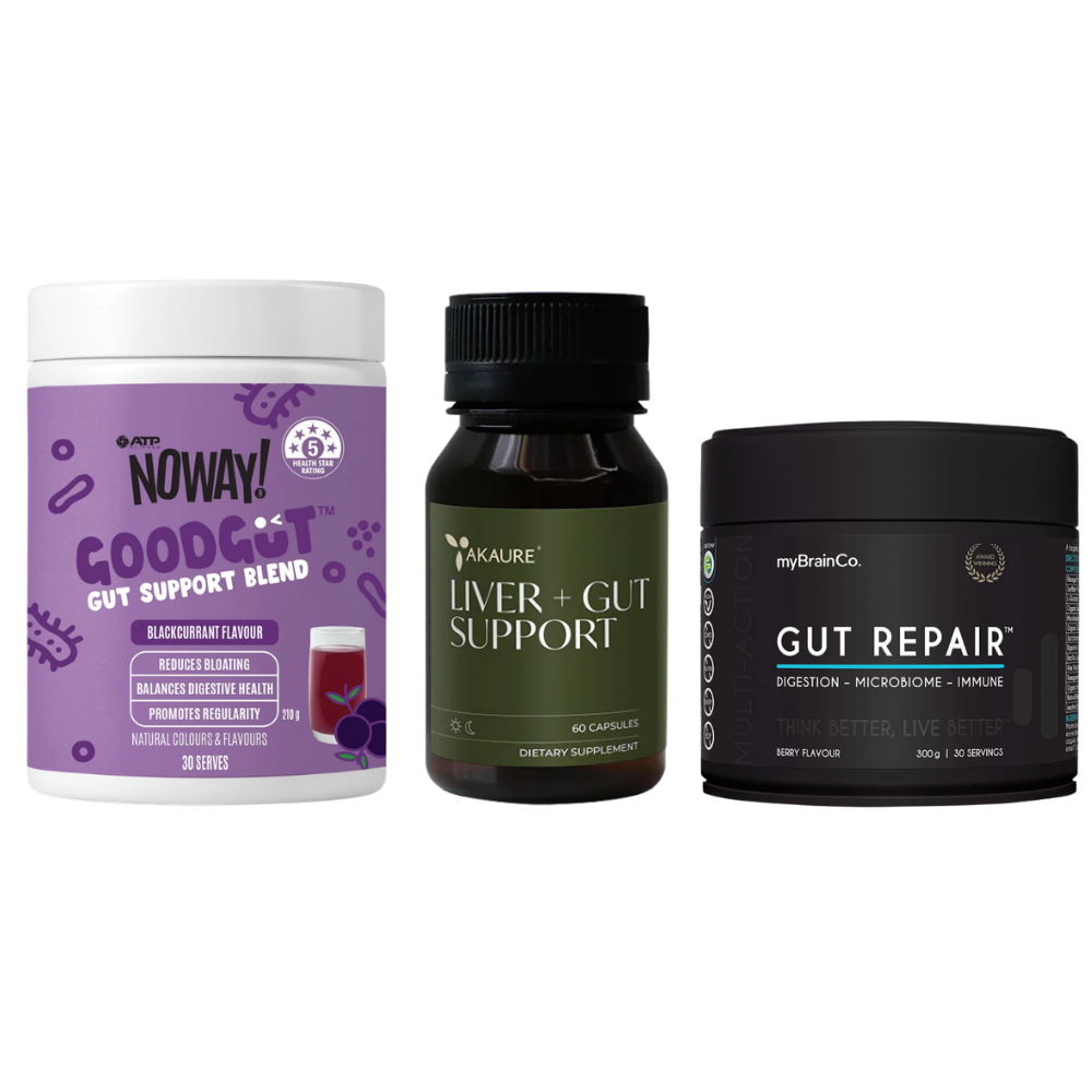 Three supplement products on a plain white background: a white tub of NOWAY! Good Gut Gut Support Blend with a purple label, a dark amber bottle of Kaure Liver + Gut Support with a dark green label, and a black jar of myBrainCo. Gut Repair with a black label.