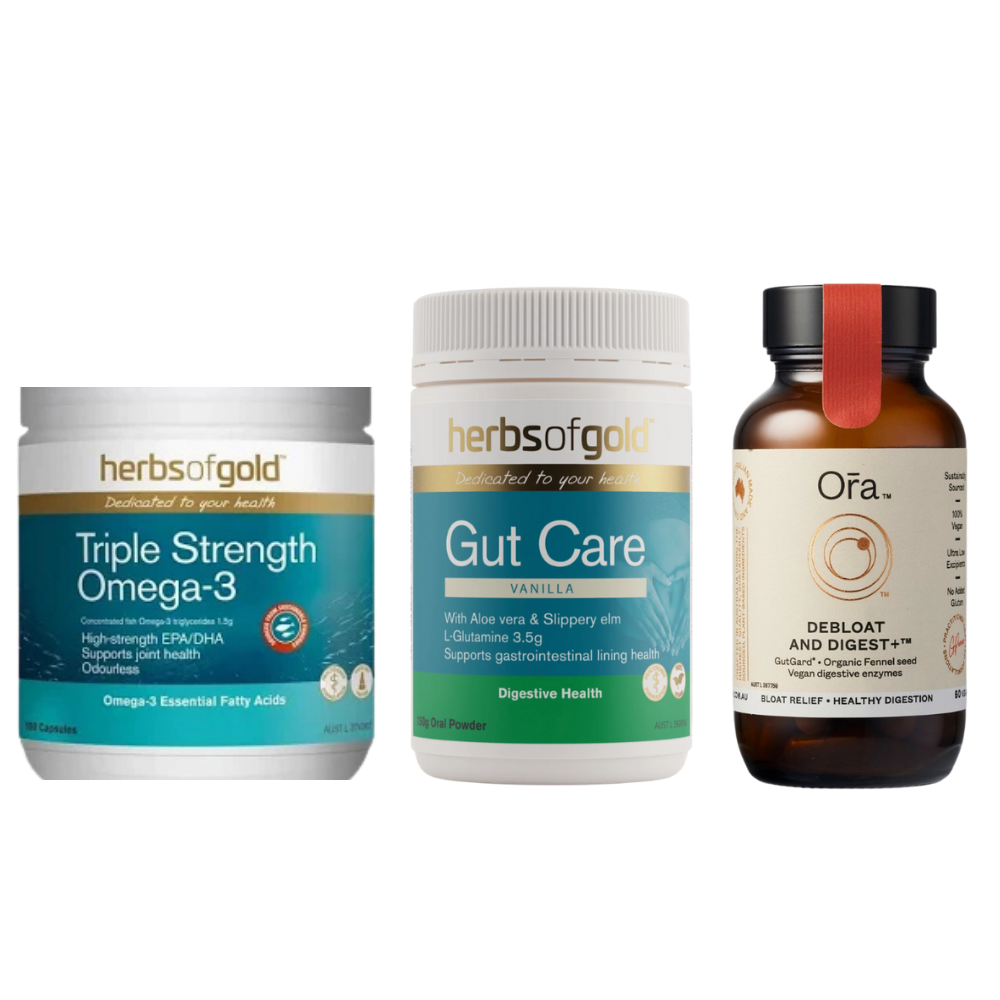 Three supplement products from Herb of Gold and Ora displayed side-by-side on a white background: Triple Strength Omega-3, Gut Care Vanilla, and Debloat and Digesty.