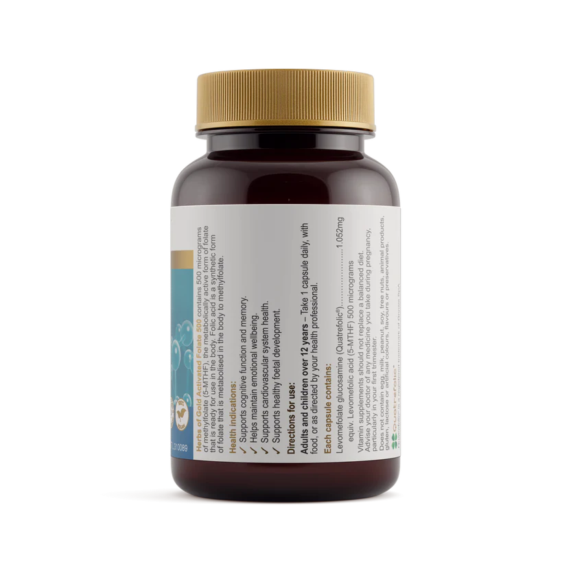 A bioavailable folate supplement providing active methylfolate (5-MTHF) to support DNA synthesis, foetal health, and red blood cell production.