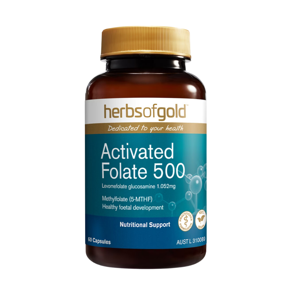 Herbs of Gold Activated Folate 500 capsules with methylfolate for cardiovascular health, brain function, and prenatal support in a 60-capsule bottle.