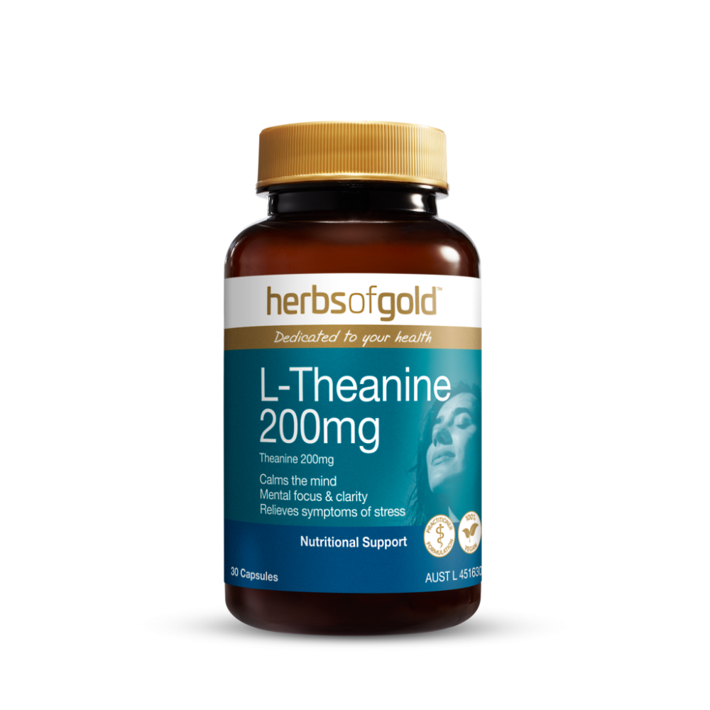 Herbs of Gold L-Theanine 200mg capsules for calming the mind, reducing stress, and supporting mental clarity in a natural, non-drowsy formula.