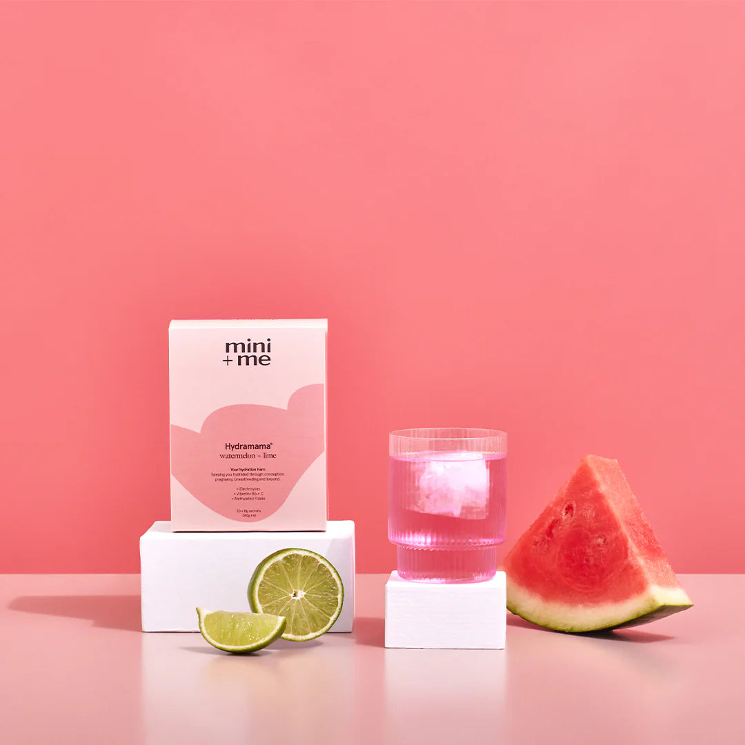 Refreshing Hydramama® Watermelon + Lime drink mix, packed with electrolytes, Vitamin C, and B6 to ease nausea and fatigue.