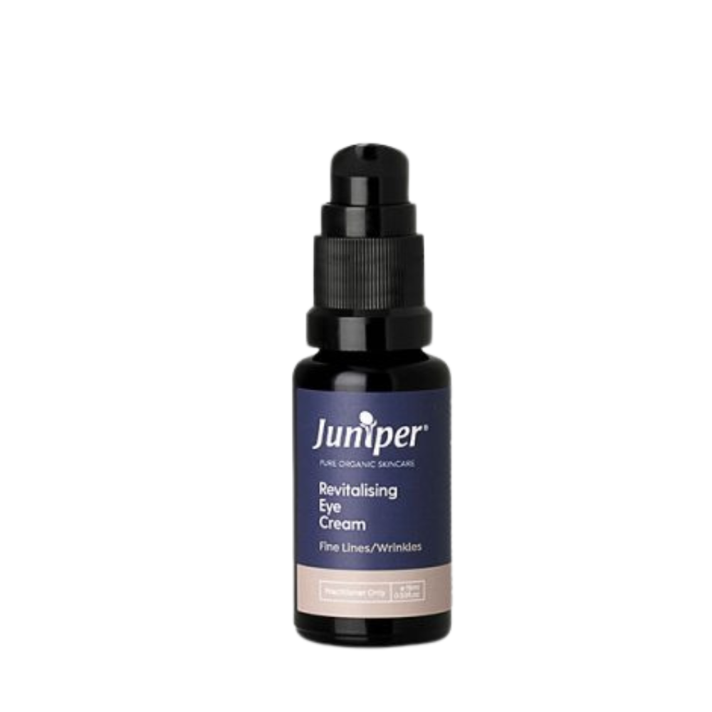 Juniper Revitalising Anti-Ageing Eye Cream jar - 15mL for mature skin. Natural eye cream with retin A and antioxidants for wrinkle reduction.  Firm, brighten, and hydrate delicate skin