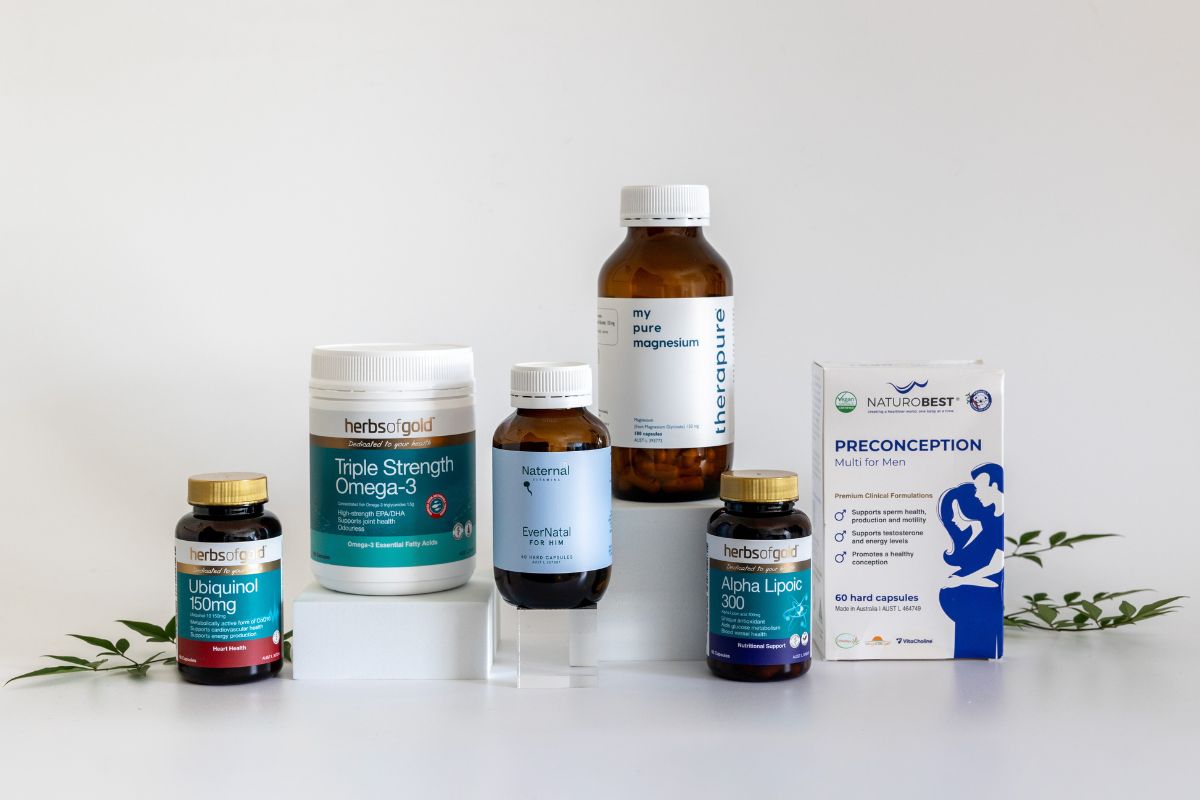 Naturopath-approved male fertility and preconception supplements including Naternal EverNatal For Him, NaturoBest Preconception Multi for Men, Herbs of Gold Ubiquinol and Triple Strength Omega-3, available at Nourishing Apothecary