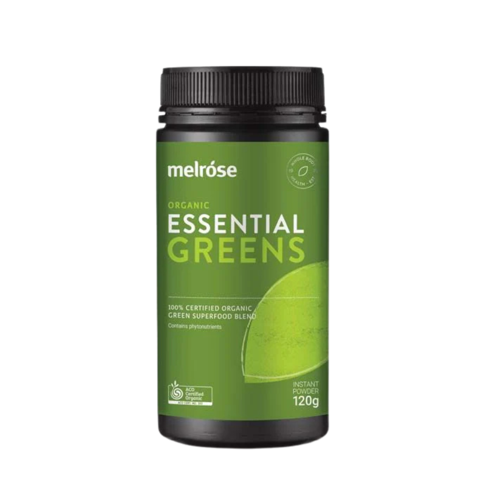 Melrose Organic Essential Greens Powder - Pineapple, 120g jar.