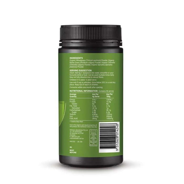 Melrose Organic Essential Greens Powder- 120g Pineapple Flavour - Nourishing Apothecary