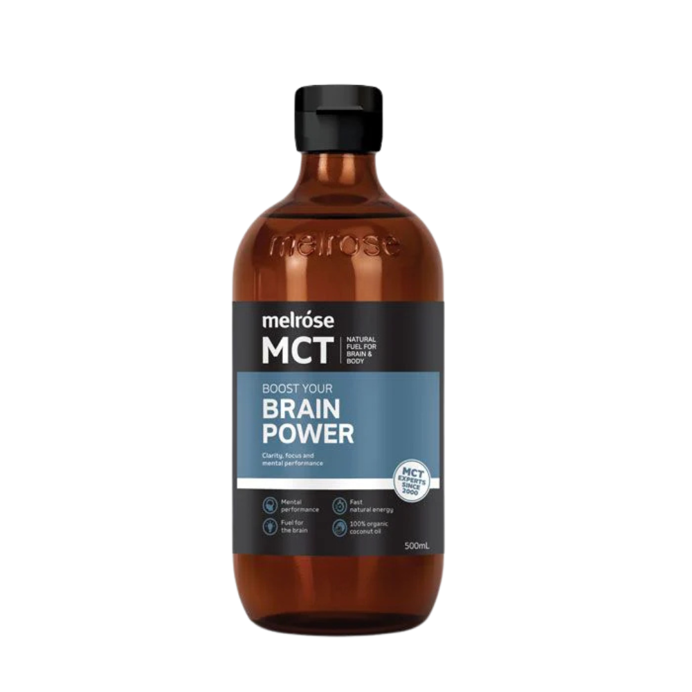 Melrose MCT Oil Brain Power Powder in a 500ml bottle, designed to enhance mental clarity and energy with coconut-derived MCTs.