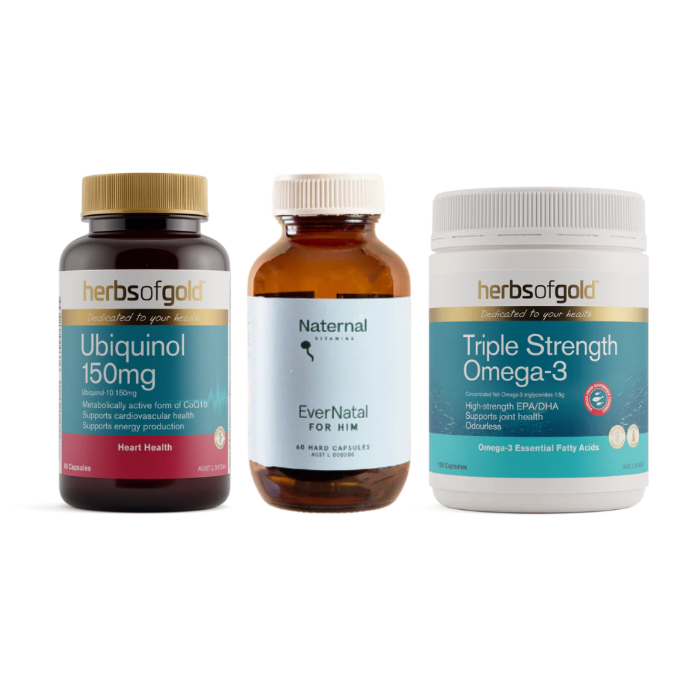 Men's fertility bundle with EverNatal For Him Prenatal Multivitamin, Herbs of Gold Ubiquinol 150mg and Herbs of Gold Triple Strength Omega-3, Naturopath-approved and available at Nourishing Apothecary