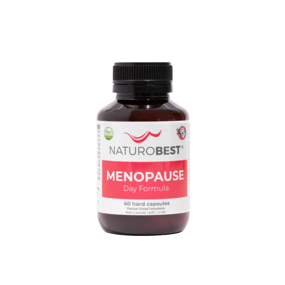 NaturoBest Menopause Day Formula in a 60-capsule bottle, designed for hormone balance, mood stabilisation, and hot flush relief.