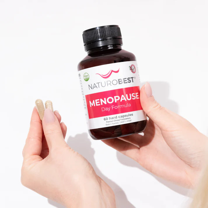 A natural menopause supplement blending herbs like saffron, black cohosh, and red clover to support hormonal health and emotional balance.