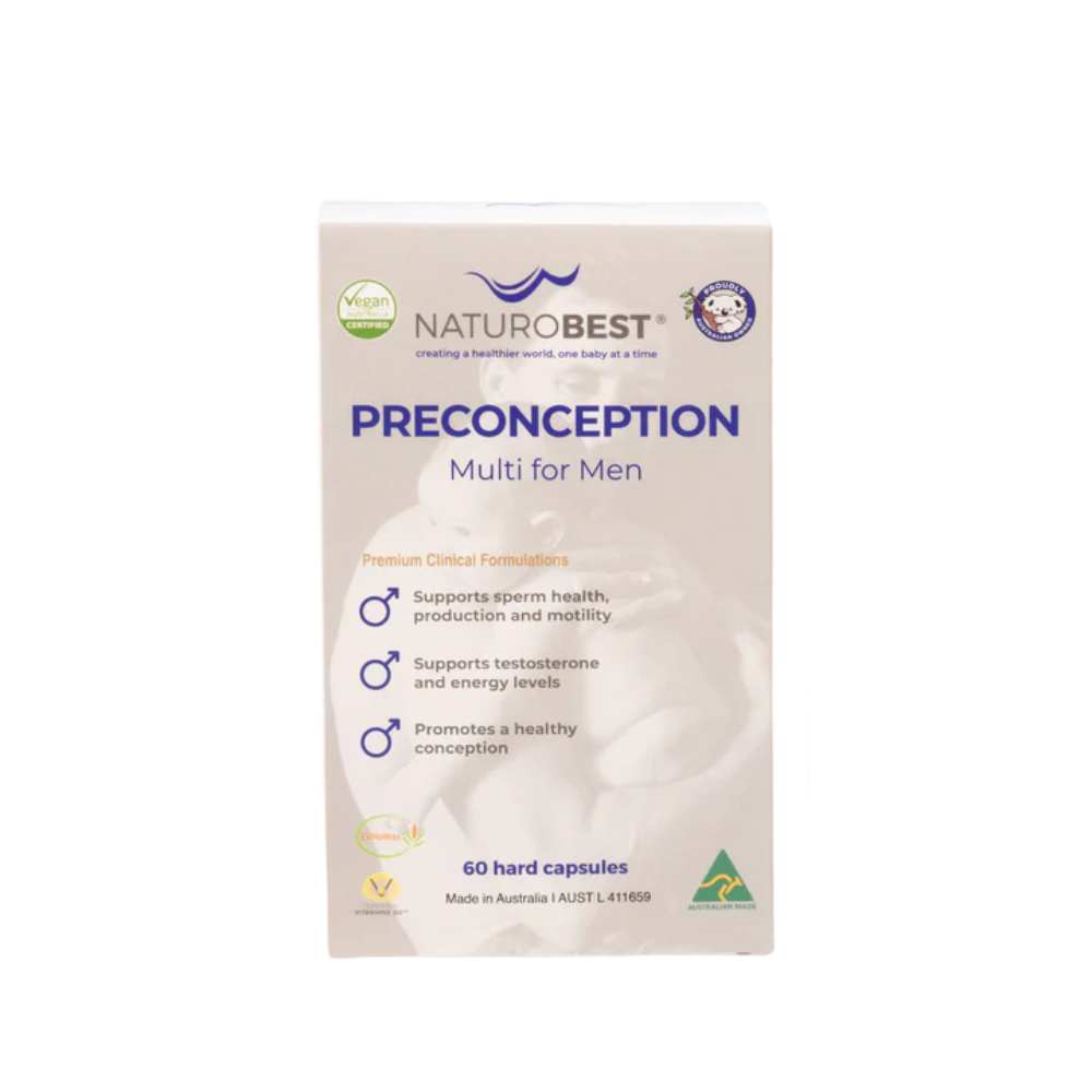  NaturoBest Preconception Multi for Men, fertility support capsules with antioxidants, active B-vitamins, and minerals for reproductive health.