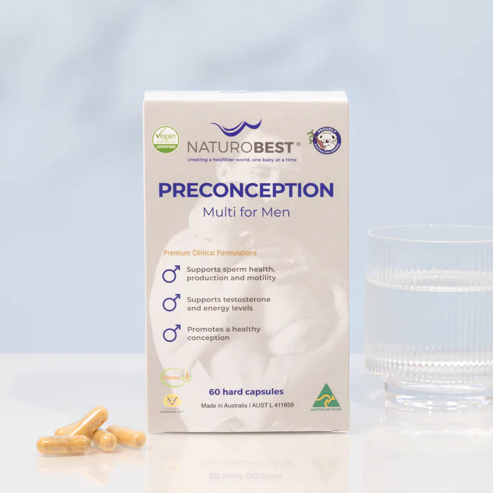  Preconception Multi for Men bottle, scientifically formulated to enhance sperm health, motility, and testosterone levels.