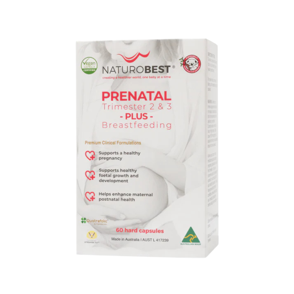 NaturoBest Prenatal Trimester 2 & 3 Plus Breastfeeding capsules for maternal health, development, and breastfeeding support