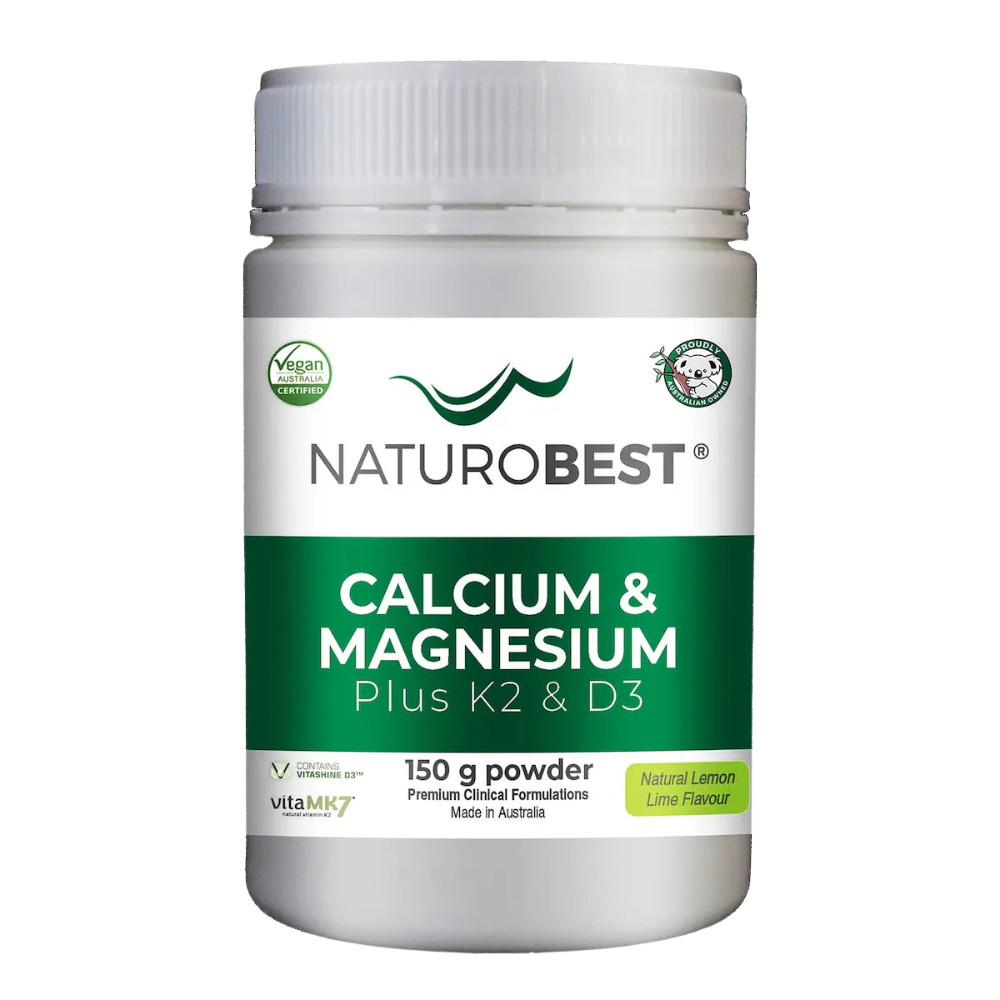 NaturoBest Calcium & Magnesium Lemon Lime Powder - 150g. Vegan calcium and magnesium supplement with K2 and D3. Lemon-lime-flavored powder for bone and muscle support.