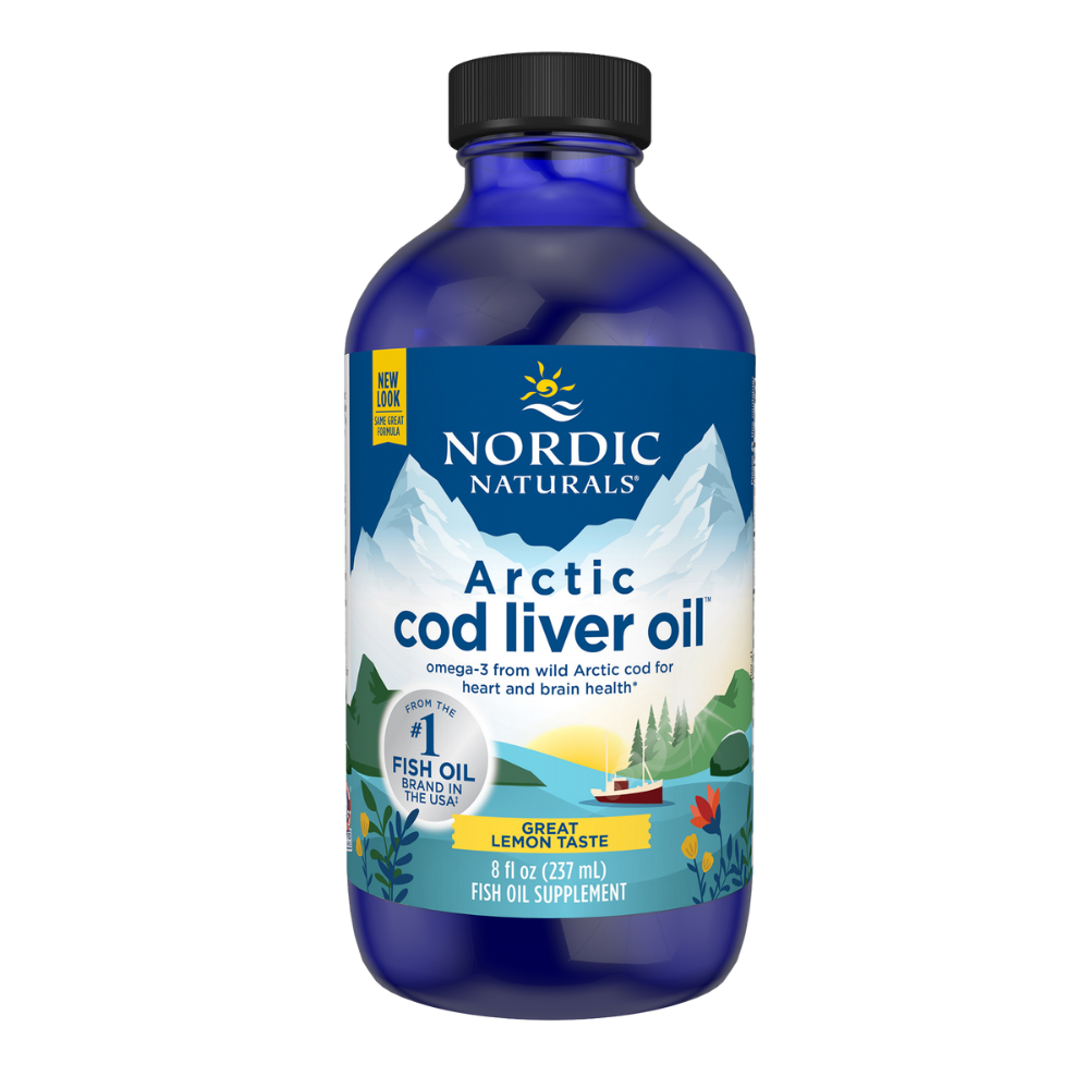 Nordic Naturals Arctic Cod Liver Oil in a 237ml bottle with a fresh lemon flavour, ideal for heart, brain, and immune health.