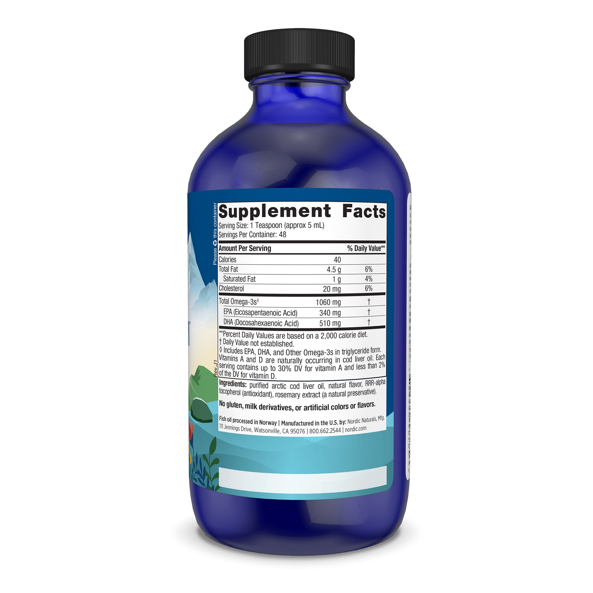 A sustainably sourced cod liver oil supplement rich in omega-3 EPA and DHA, packaged in a 237ml bottle.