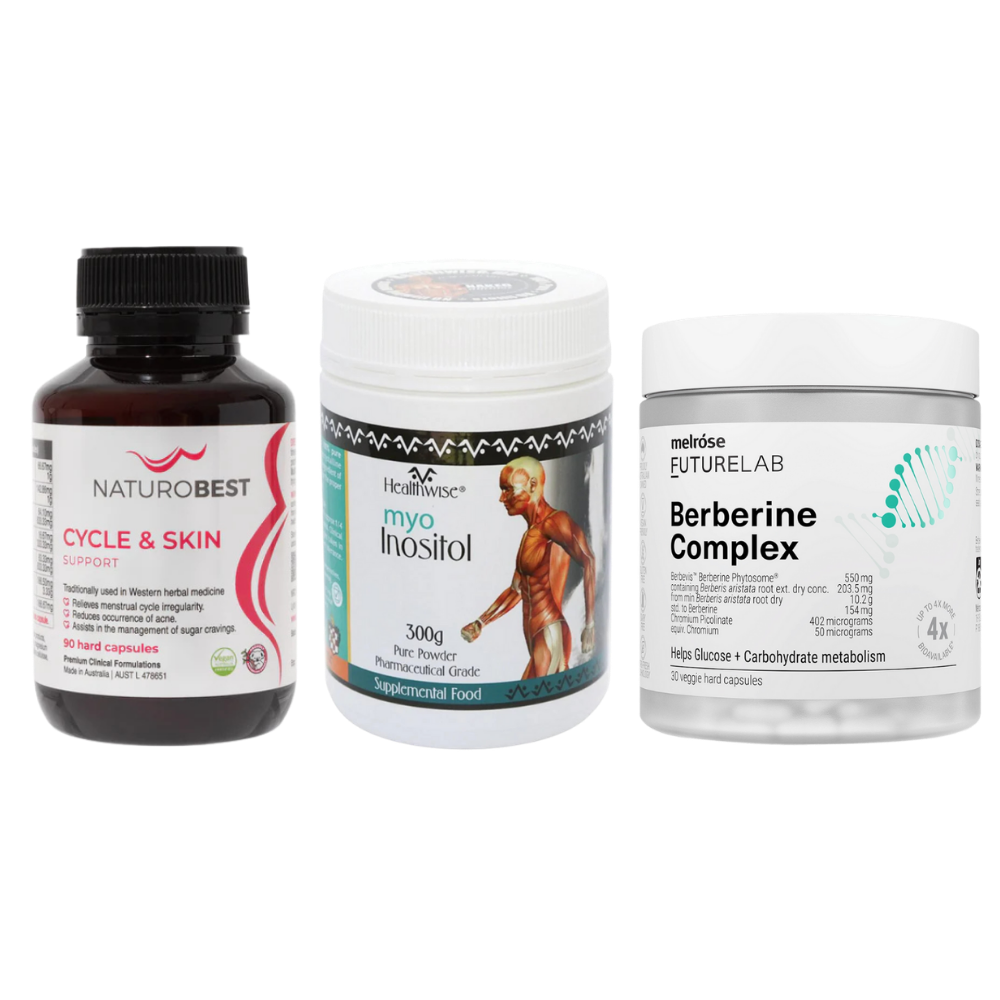 Three supplement containers on a plain white background: a dark amber bottle labeled Naturobest Cycle & Skin, a white tub labeled 3C HealthSciences Myostatin 300g, and a white jar labeled melrose FUTURELAB Berberine Complex.