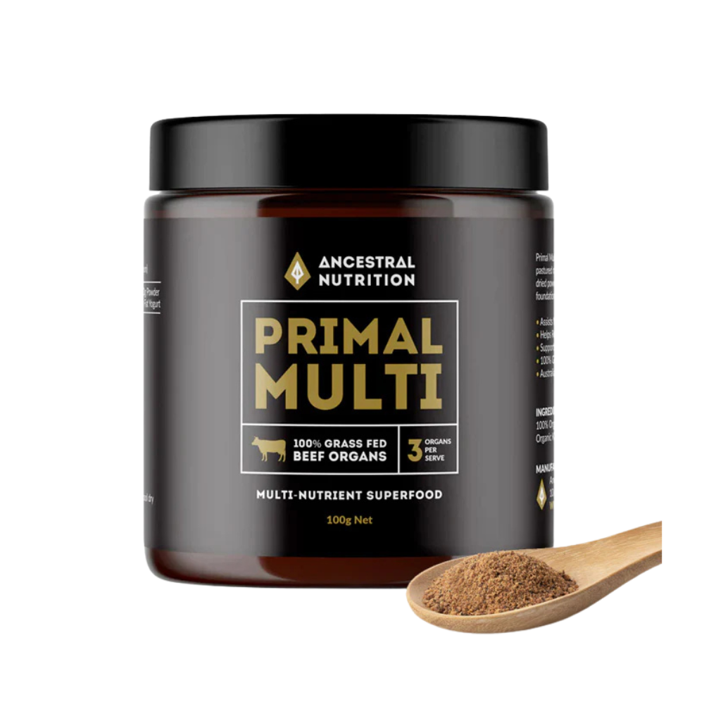 Primal Multi capsules, grass-fed beef liver, heart, and kidney supplement for holistic energy, immunity, and digestion support.