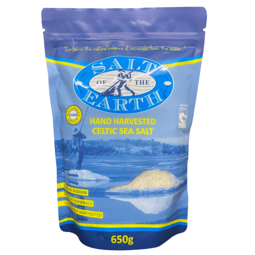 Salt of the Earth Celtic Sea Salt coarse crystals, 650g bag, natural mineral-rich sea salt for hydration and digestion.