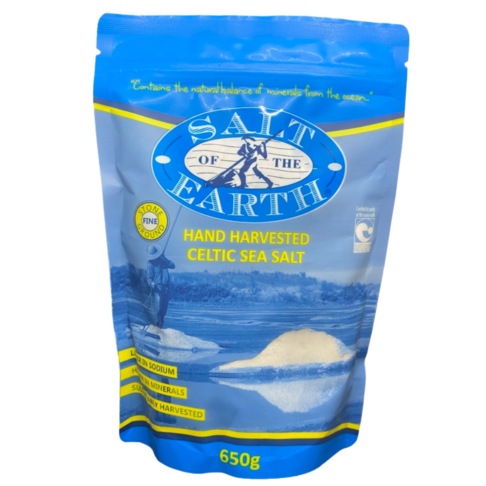 Salt of the Earth Celtic Sea Salt fine crystals - 650g pack. Rich in minerals for cooking and health. Pure, additive-free fine-ground Celtic Sea Salt for daily wellness.