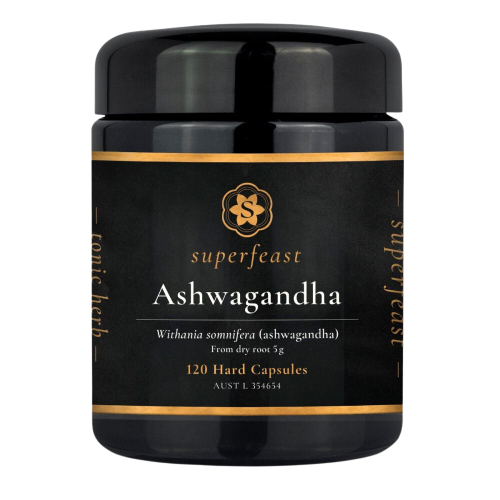 SuperFeast Ashwagandha capsules, adaptogenic herb supplement for stress relief, hormonal balance, and restful sleep.