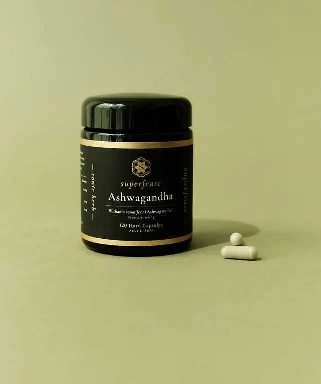 High-potency Ashwagandha supplement bottle, 120 capsules, supporting natural cortisol reduction and mental clarity.