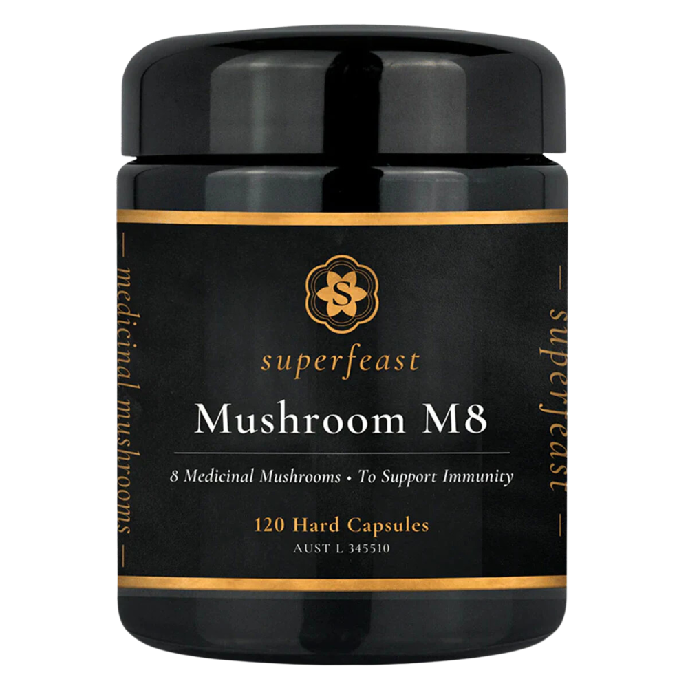 Superfeast Mushroom M8 bottle - 120 capsules for immune health. Medicinal mushroom blend with 8 varieties for wellness and vitality.