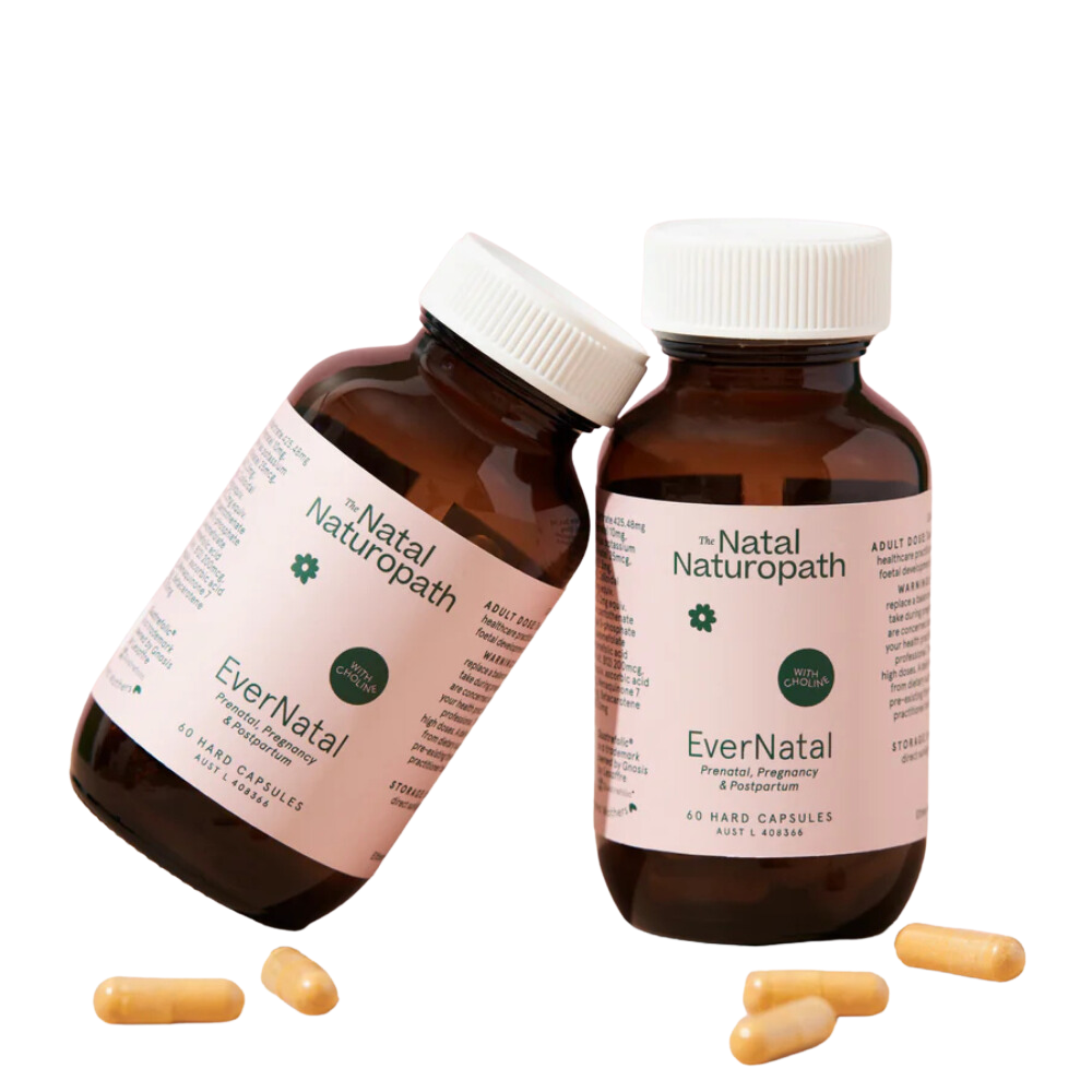 EverNatal Prenatal Supplement bottle with bioavailable nutrients for preconception, pregnancy, and breastfeeding support, vegan and allergen-free.