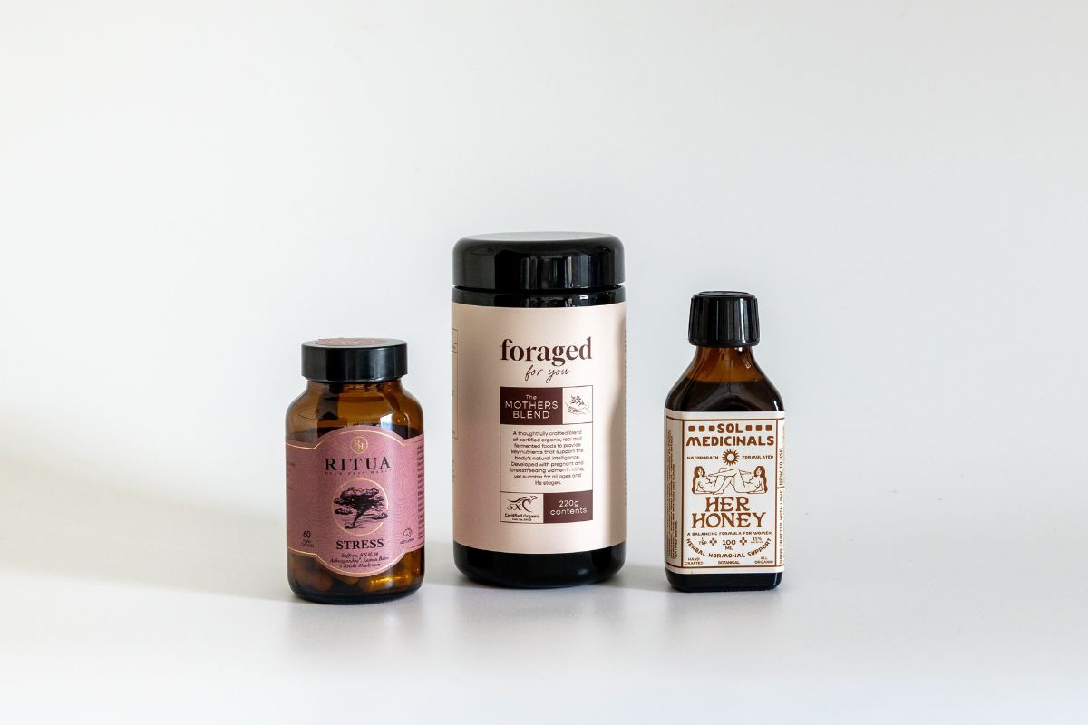 Naturopath-approved women's hormonal support supplements including Ritua Stress, Foraged for You Mothers Blend and Sol Medicinals Her Honey, available at Nourishing Apothecary
