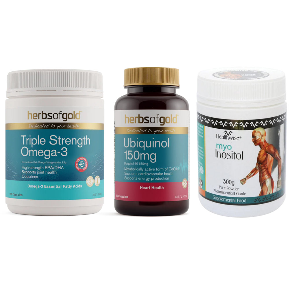 Egg quality support bundle with Herbs of Gold Ubiquinol, Healthwise myo Inositol and Herbs of Gold Triple Strength Omega-3, Naturopath-approved and available at Nourishing Apothecary