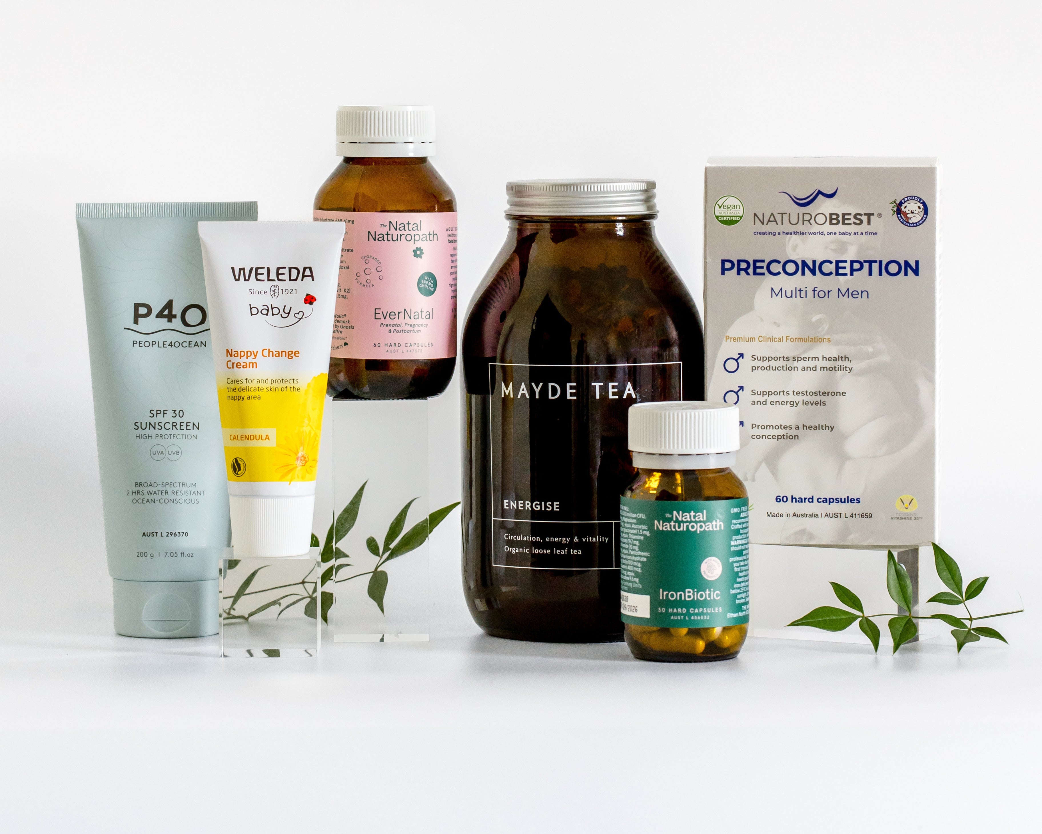 Naturopath-recommended preconception and prenatal products including Mayde Tea and Naturobest