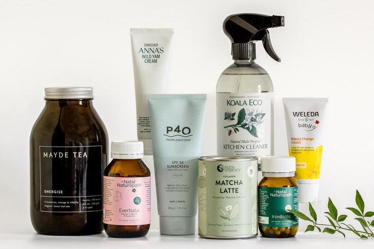 Collection of various natural products on a white background