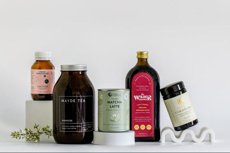 Naturopath-recommended supplements and superfoods including Mayde Tea, matcha latte and cordyceps