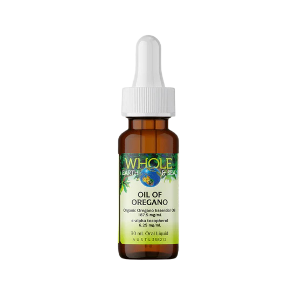 Whole Earth & Sea Oil of Oregano in a 30ml bottle, a potent antioxidant-rich oil for immune system resilience and digestive support.